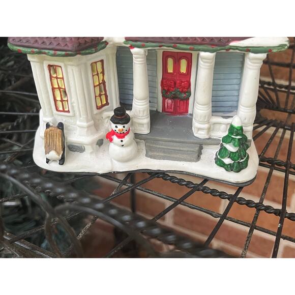 Christmas Village House  Lighted Ceramic Porcelain Blue Victorian Snow - Picture 5 of 16